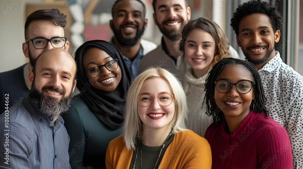 Smiling colleagues from diverse backgrounds at a team-building workshop, promoting inclusion and diversity in the workplace.