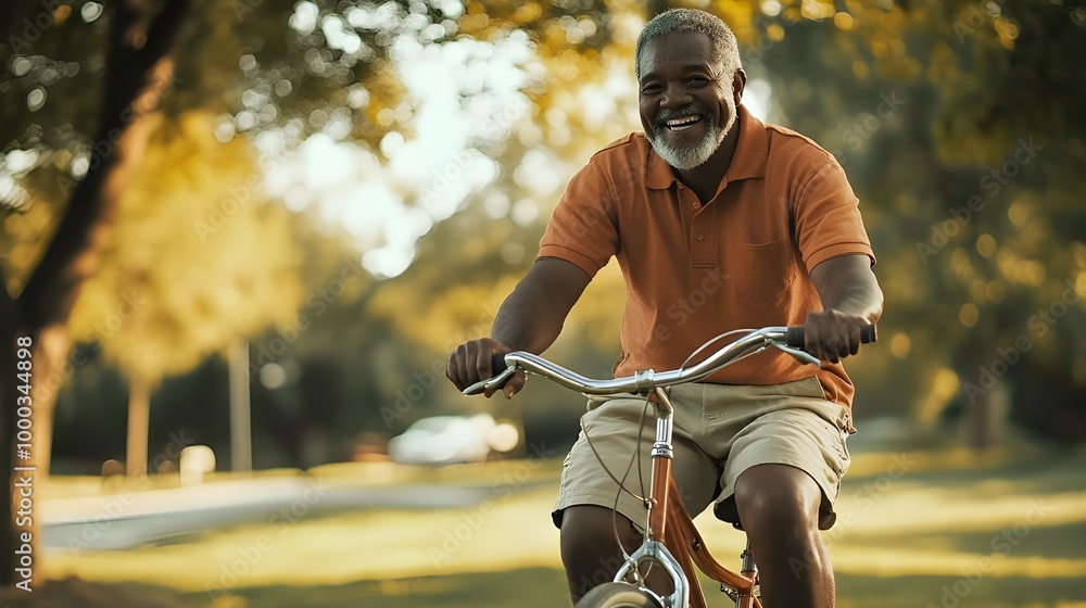 Cheerful senior African American man on a bike in a sunny park, relishing a bright day outdoors. Cheerful senior African American man on a bike in a sunny park, relishing a bright day outdoors.
