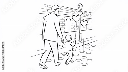 A simple black and white line drawing of a father holding his son's hand as the child holds a heart-shaped balloon, symbolizing love and family