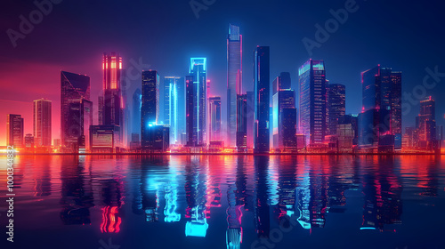 Sci fi cyberpunk futuristic modern city in neon lights. Neon Skyline. Illustration