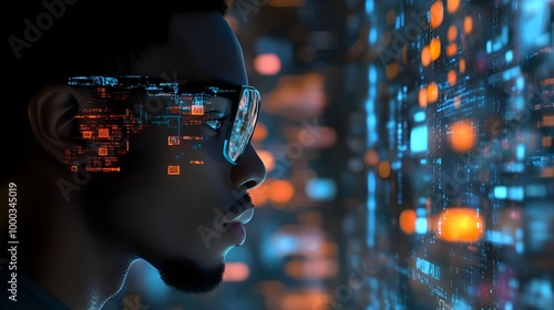 Wallpaper Mural Side profile of a Black IT specialist engaged in data analysis within an AI cybersecurity context, featuring augmented reality visuals. Torontodigital.ca