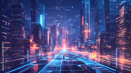 Smart city with futuristic street and holographic display for advance infrastructure concept. created with generative ai. Holographic City. Illustration