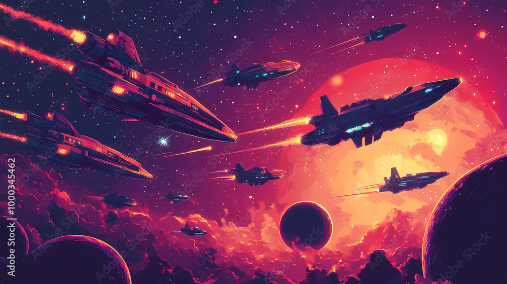 Space ships battle over alien planet in books style. retro science fiction illustration. Starship Fleet. Illustration Space ships battle over alien planet in books style. retro science fiction illustration. Starship Fleet. Illustration