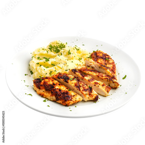 Sliced grilled chicken breast served with creamy mashed potatoes on a white plate, garnished with fresh parsley, isolated on transparent background