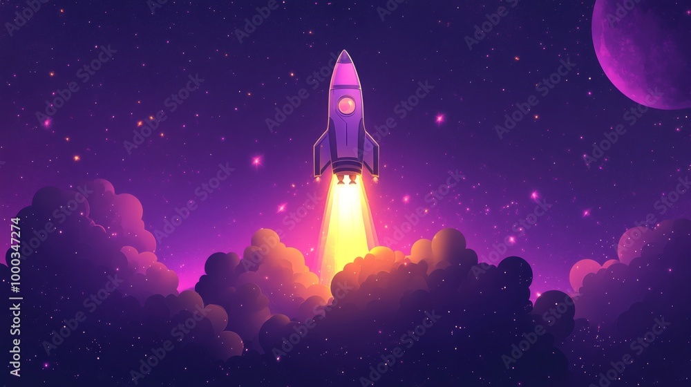 Naklejka premium Space Rocket Launching at Night