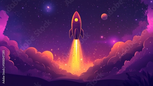 Illustration of a Rocket Launching into a Starry Sky photo