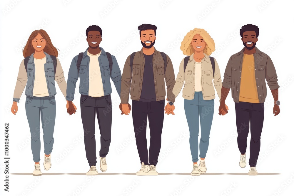 Obraz premium Illustration of five young adults walking together in casual outfits symbolizing friendship diversity and confidence in a vibrant modern setting