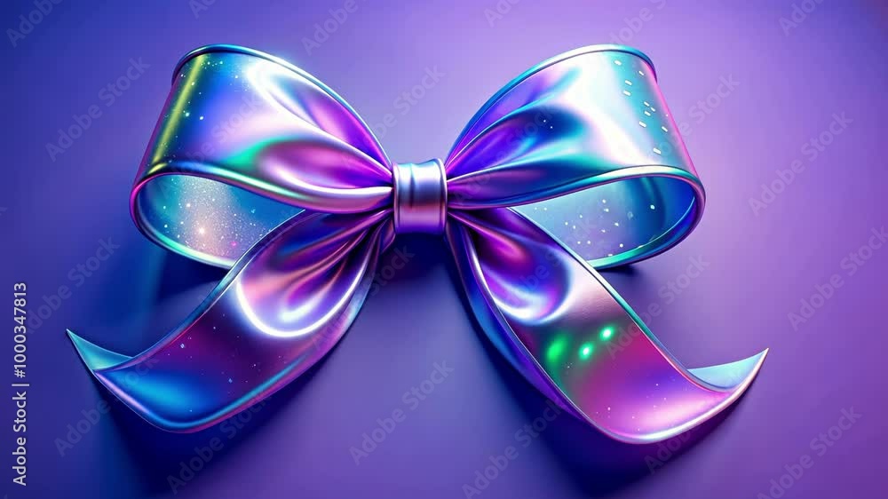 Shiny, colorful metallic bow on purple gradient background. perfect for holiday gift wrapping designs, festive spirit and vibe. Ideal for birthday, anniversary video greetings