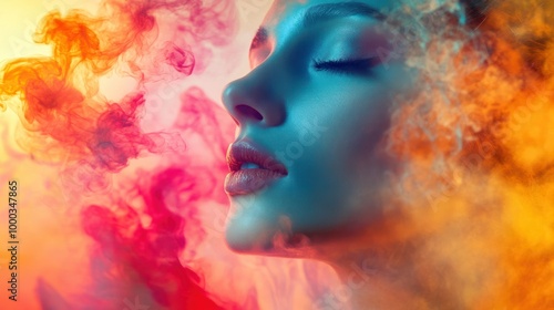 Woman's Face Surrounded by Vibrant Smoke