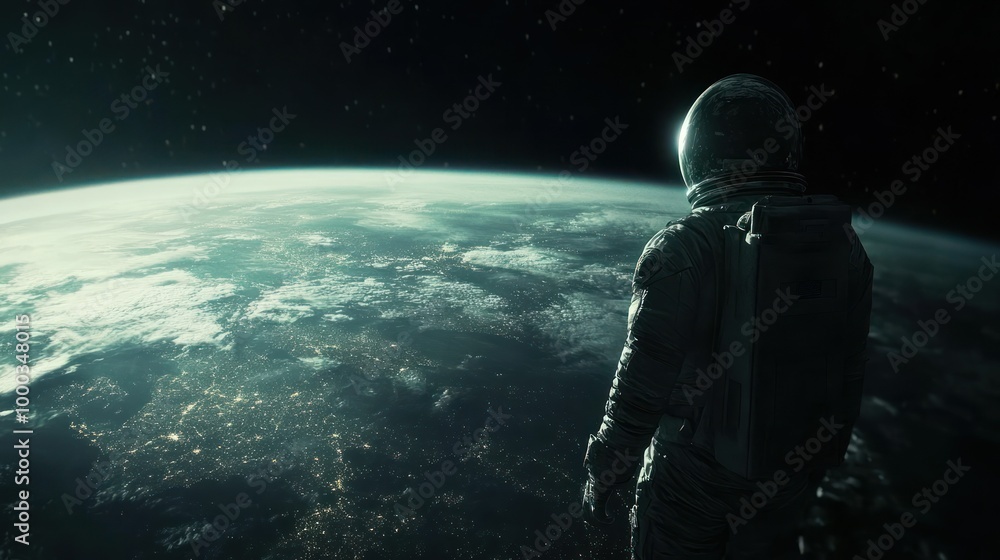 Naklejka premium Astronaut in Space Suit Gazing at Earth