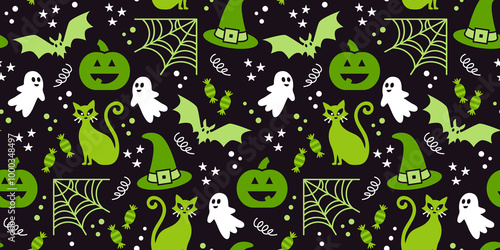 Neon green Halloween party Raster pattern. Halloween illustration in green and black seamless vector pattern: ghosts, bats, halloween cats, spider web, candies, stars. photo