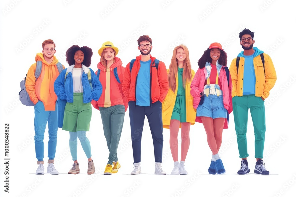 Obraz premium Illustration of a group of young friends wearing casual colorful clothing symbolizing friendship unity and youth adventure in a vibrant playful setting