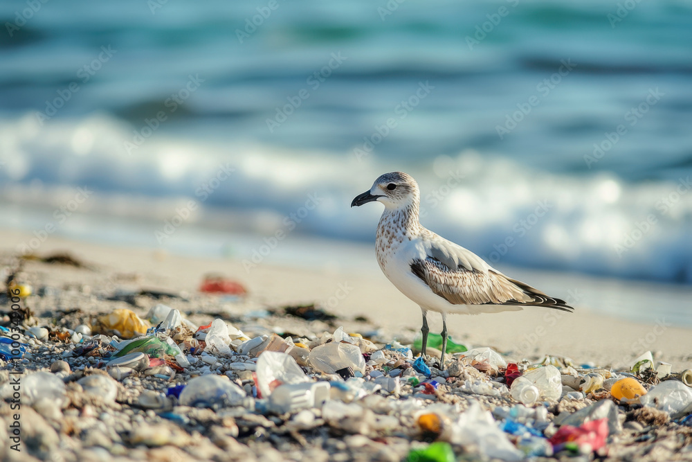 Obraz premium Seagull standing on a polluted beach surrounded by plastic waste and debris, highlighting environmental challenges and pollution impact on wildlife