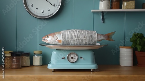 Fish Wrapped in Newspaper on Kitchen Scale