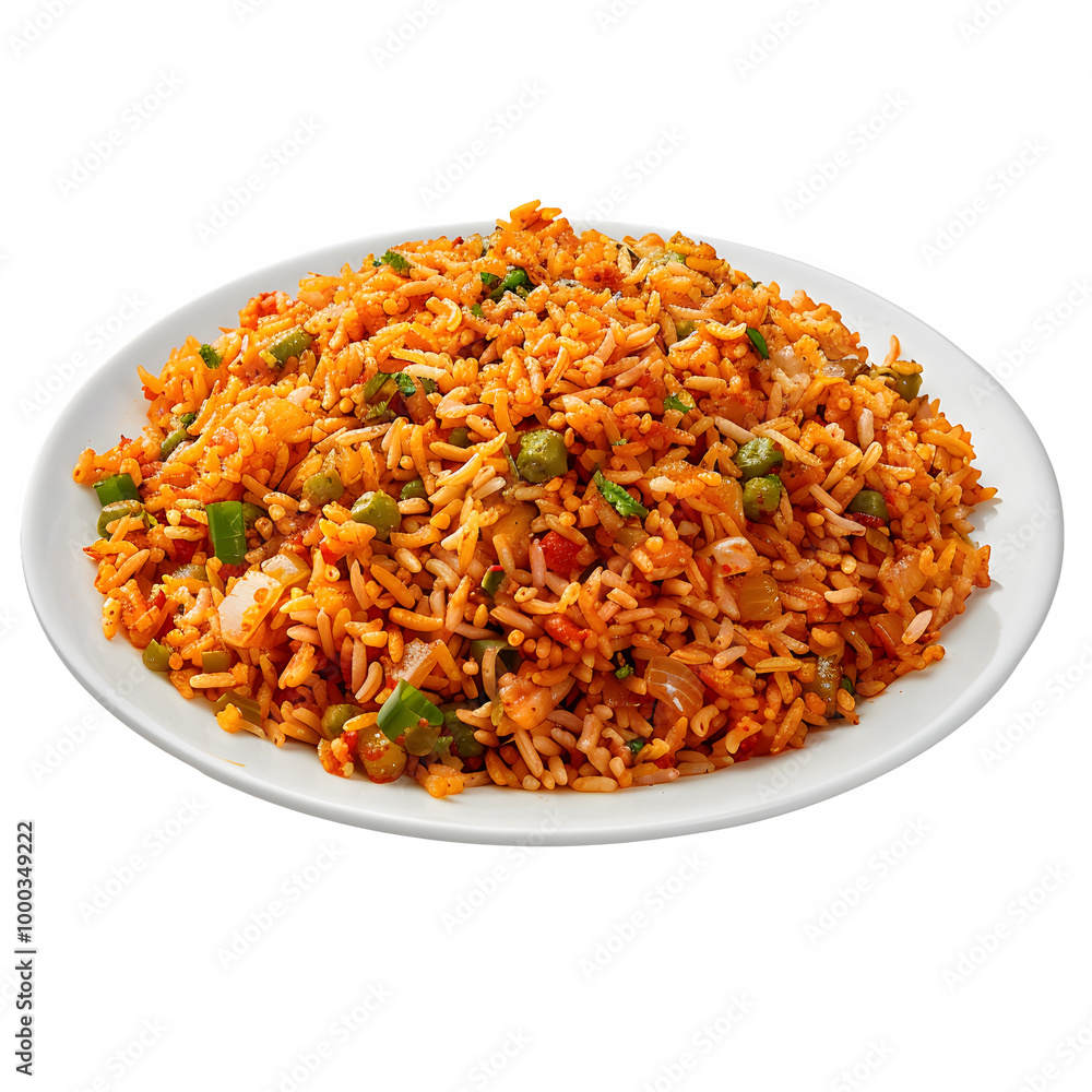 Tasty portion of zesty veggie fried rice on a clean white dish, set against a see-through backdrop, displaying bright hues and inviting texture Tasty portion of zesty veggie fried rice on a clean white dish, set against a see-through backdrop, displaying bright hues and inviting texture
