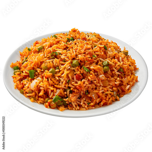 Tasty portion of zesty veggie fried rice on a clean white dish, set against a see-through backdrop, displaying bright hues and inviting texture