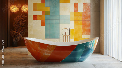 Depict an artistic interpretation of a bath tub with unique and creative design elements. Use abstract shapes, vibrant colors, or unconventional materials to showcase the tub as a piece of art. photo