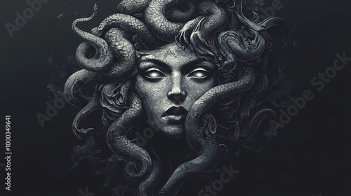 The classic depiction of the head of the gorgon medusa from ancient mythology, a gloomy awesome look horror fright. generative ai technology. Medusa. Illustration