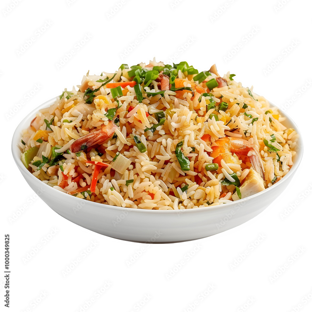 Delicious bowl of fried rice with a mix of vibrant veggies and juicy chicken, set against a see-through background Delicious bowl of fried rice with a mix of vibrant veggies and juicy chicken, set against a see-through background