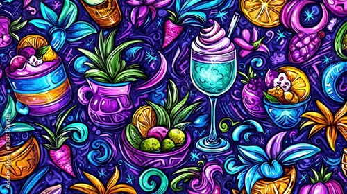 Lively Colorful Tropical Food and Drink Patterns