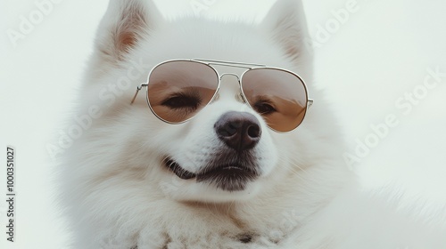 Close-up portrait of a white dog wearing sunglasses.