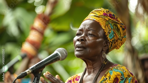 A middle-aged Zande female singer performing a traditional song at a community gathering, looking soulful and expressive, highlighting cultural heritage and passion. photo