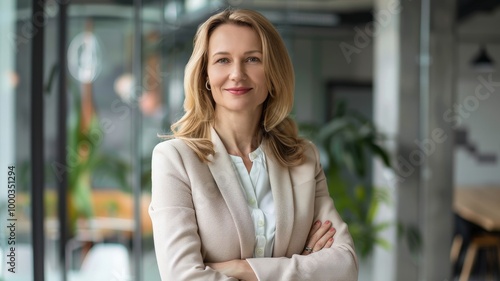 A confident, smiling businesswoman in a modern office setting, dressed in professional attire, exuding leadership and success.