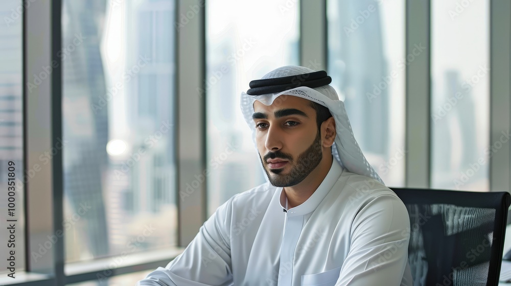 A young Middle Eastern businessman wearing traditional attire, sitting in a modern office with large windows, looking thoughtful and focused. A young Middle Eastern businessman wearing traditional attire, sitting in a modern office with large windows, looking thoughtful and focused.