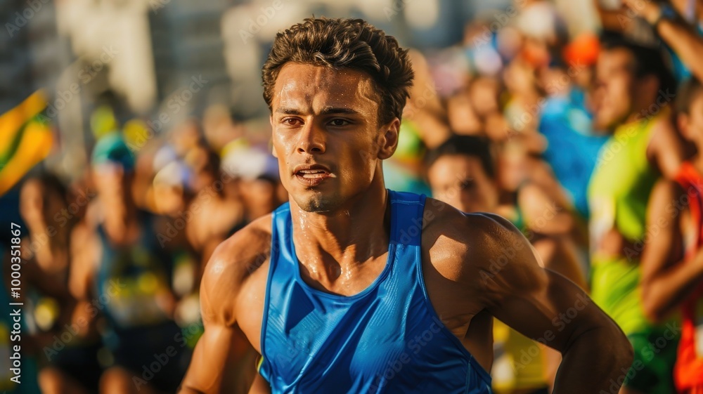 A young Brazilian male athlete runs a marathon, looking determined and focused as he approaches the finish line, showcasing endurance and dedication. A young Brazilian male athlete runs a marathon, looking determined and focused as he approaches the finish line, showcasing endurance and dedication.