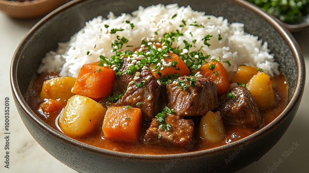 Delicious Beef Stew with White Rice, Carrots and Potatoes, Healthy and Hearty Meal Delicious Beef Stew with White Rice, Carrots and Potatoes, Healthy and Hearty Meal