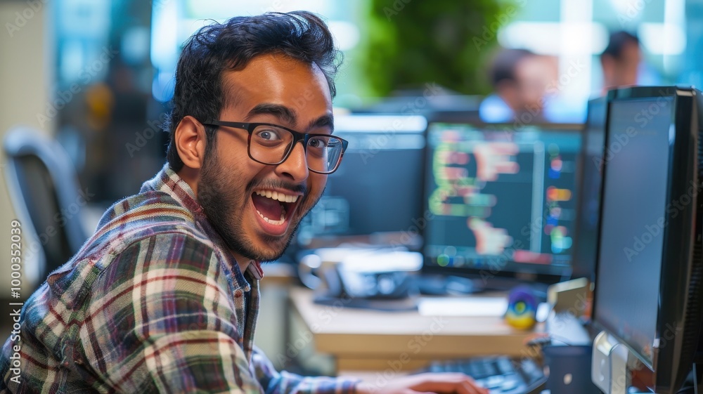 A young Indian male software developer sits at his desk in a modern office, looking excited and accomplished as he successfully debugs a complex code. A young Indian male software developer sits at his desk in a modern office, looking excited and accomplished as he successfully debugs a complex code.