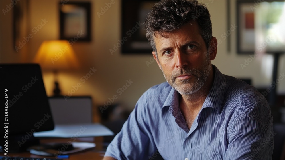 A Middle-Aged Man with a Serious Expression in a Blue Striped Shirt A Middle-Aged Man with a Serious Expression in a Blue Striped Shirt