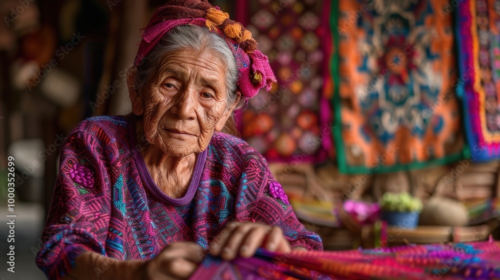Fototapeta premium An elderly Mayan female artisan weaving vibrant textiles in a traditional setting.