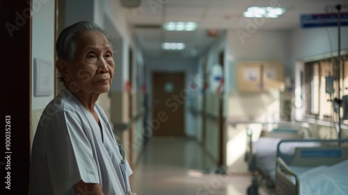 An elderly Filipino female nurse compassionately caring for a patient.