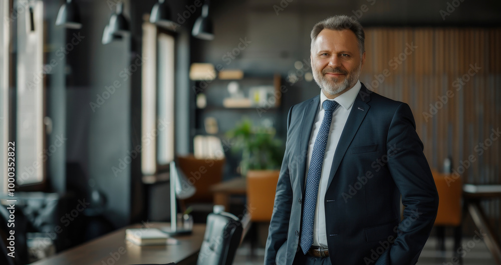 Fototapeta premium A smiling businessman in a suit stands confidently with arms crossed in a modern office, reflecting leadership and professionalism.