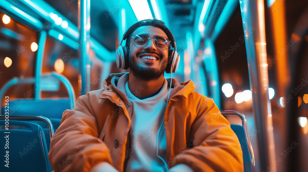 A young man wearing headphones smiles while riding a bus at night, illuminated by colorful lights. A young man wearing headphones smiles while riding a bus at night, illuminated by colorful lights.
