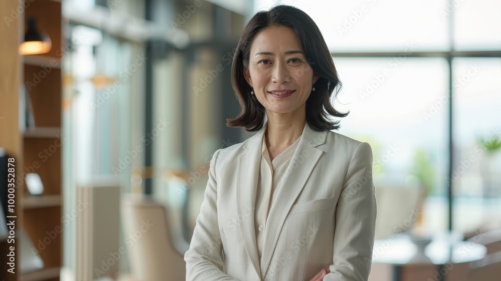A confident, mature businesswoman in a suit smiles warmly in a modern office environment, symbolizing leadership and professionalism. A confident, mature businesswoman in a suit smiles warmly in a modern office environment, symbolizing leadership and professionalism.