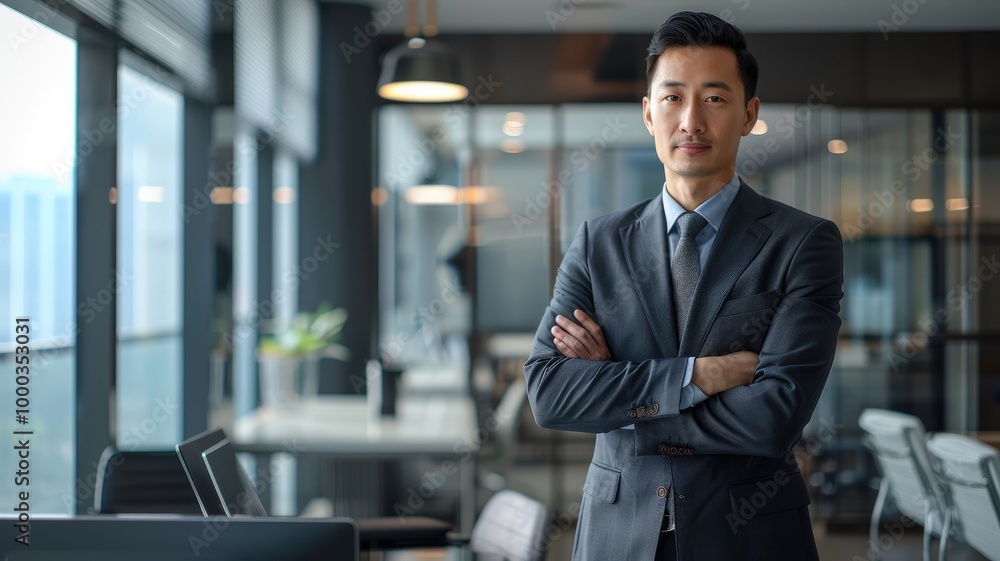 A confident businessman in a suit stands with arms crossed in a modern office, showcasing leadership and professionalism in a corporate setting. A confident businessman in a suit stands with arms crossed in a modern office, showcasing leadership and professionalism in a corporate setting.