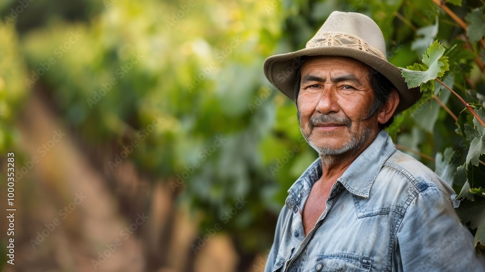 An experienced farmer in a hat stands confidently in a lush vineyard, symbolizing hard work, dedication, and sustainable agriculture in winemaking. An experienced farmer in a hat stands confidently in a lush vineyard, symbolizing hard work, dedication, and sustainable agriculture in winemaking.