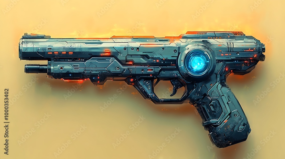 Futuristic sci fi laser pistol with blue glowing light, isolated on yellow background Futuristic sci fi laser pistol with blue glowing light, isolated on yellow background