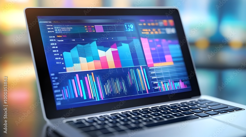 Detailed close-up of a laptop screen with colorful graphs and metrics illustrating blog traffic and visitor statistics. Detailed close-up of a laptop screen with colorful graphs and metrics illustrating blog traffic and visitor statistics.