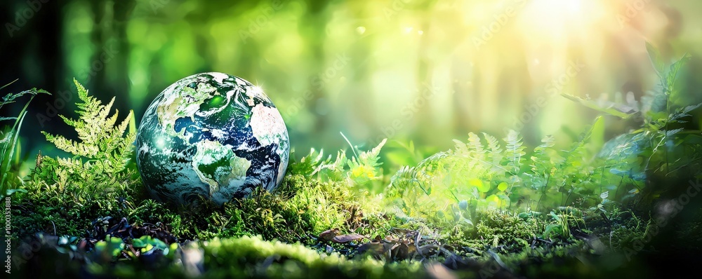 Earth Among Lush Green Moss in Sunlit Forest Setting