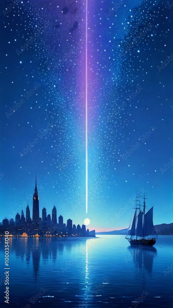 Fototapeta premium At the dreamlike harbor, where a starry night symphony is taking place, holographic ships arrive. 