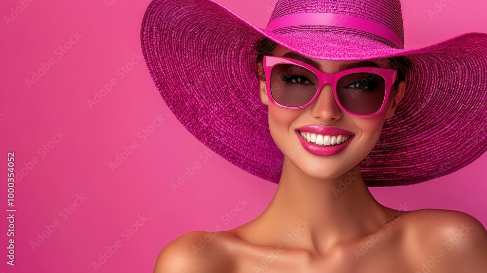 Stylish Woman in Pink Hat with Sunglasses Stylish Woman in Pink Hat with Sunglasses