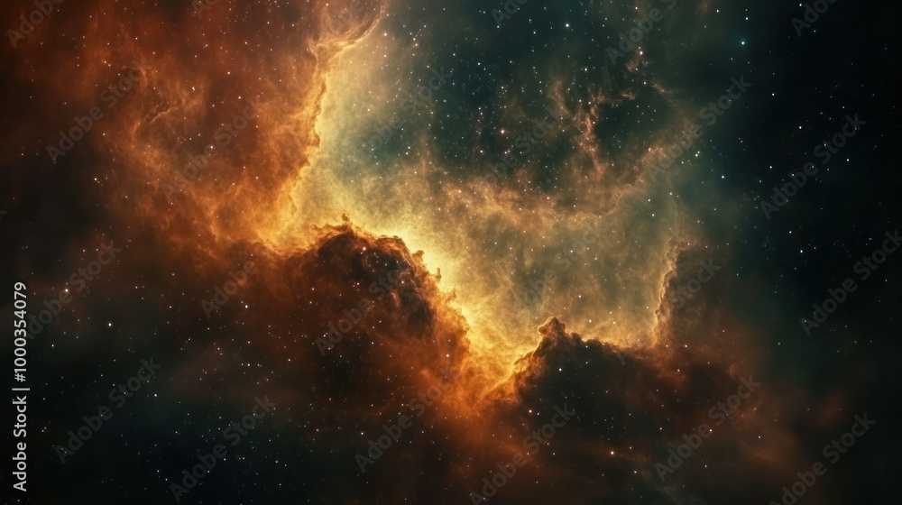 A Cosmic Nebula with Orange and Yellow Glowing Gas Clouds and Scattered Stars A Cosmic Nebula with Orange and Yellow Glowing Gas Clouds and Scattered Stars