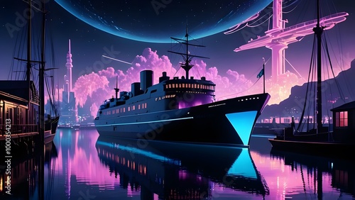 At the dreamlike harbor, where a starry night symphony is taking place, holographic ships arrive. 