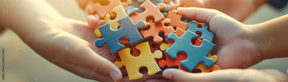 Hands Holding Colorful Puzzle Pieces Together Hands Holding Colorful Puzzle Pieces Together
