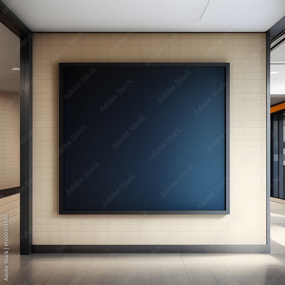 Poster mockup hanging on a tiled wall in an office building Poster mockup hanging on a tiled wall in an office building