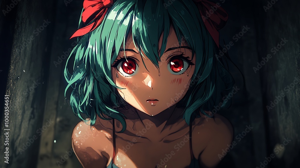 Anime girl with green hair and red eyes, looking up with a thoughtful expression Anime girl with green hair and red eyes, looking up with a thoughtful expression