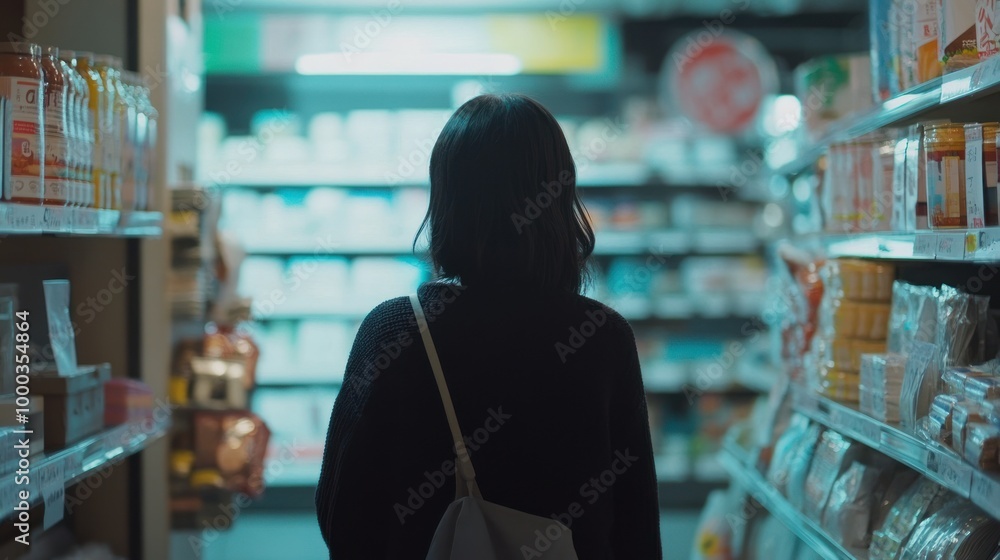 A woman in a black sweater stands in an aisle of a convenience store, looking at the shelves A woman in a black sweater stands in an aisle of a convenience store, looking at the shelves